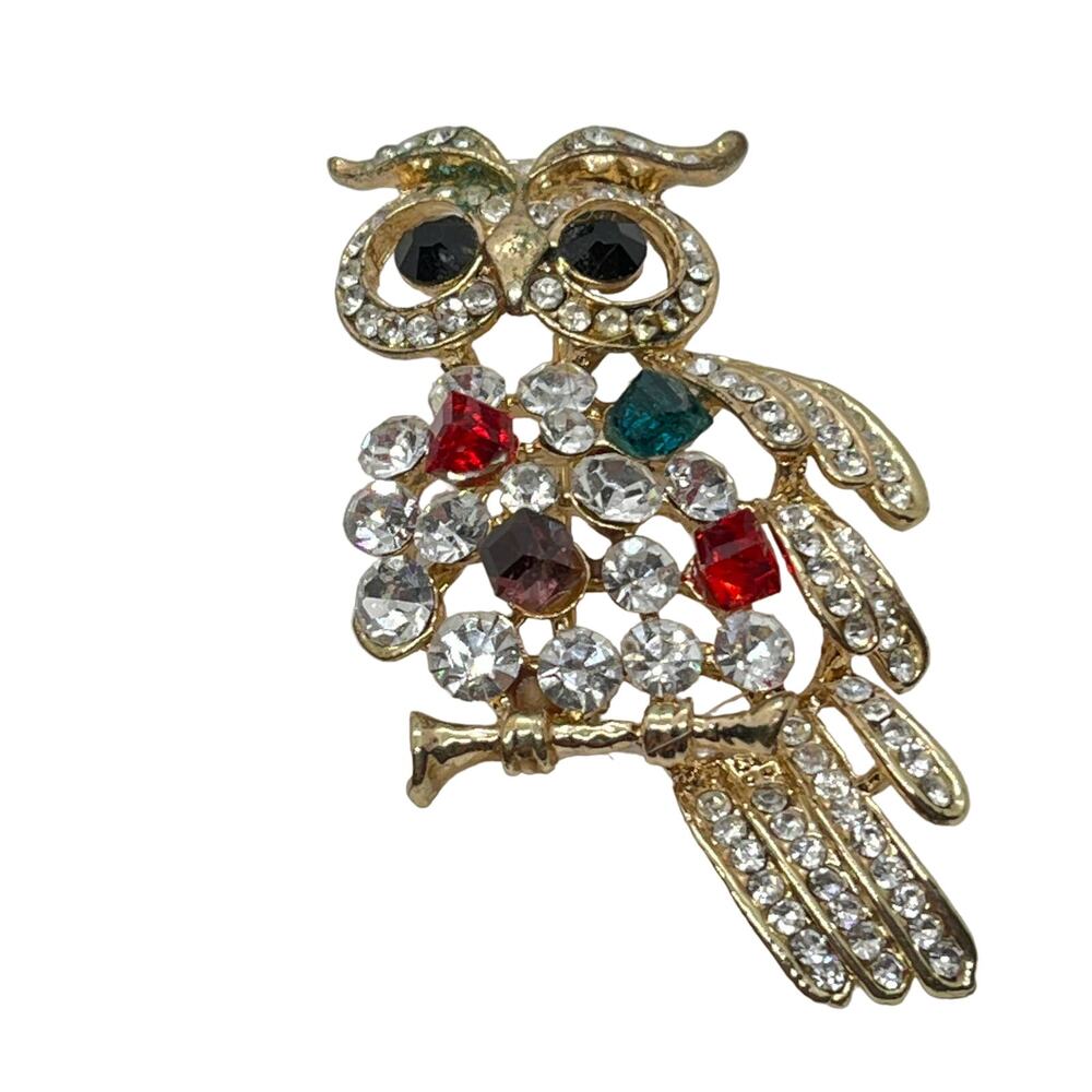 Owl Brooch Pin Gold Tone Faux Jewel Bling Bling Statement Bird Vintage 90s Chic